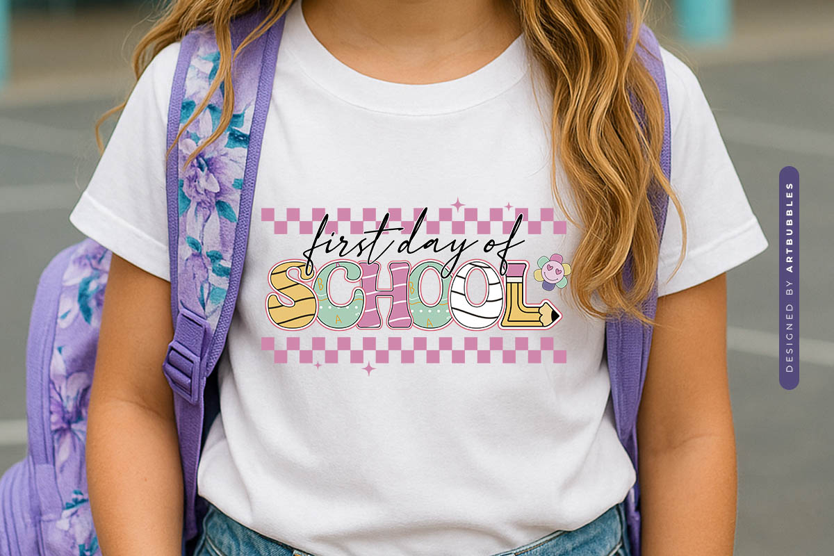 First Day of School - Retro Back to School Sublimation Shirt Mockup Image.jpg