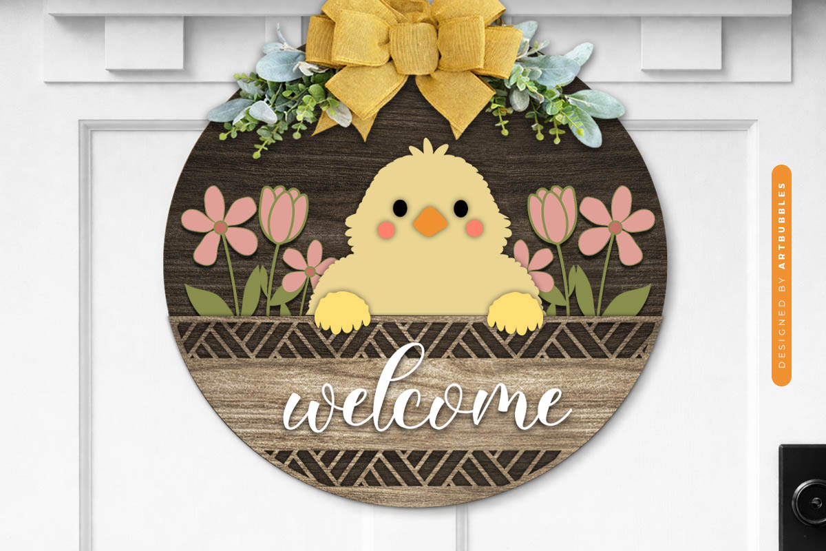 Laser Cut Easter Chick Welcome Door Sign SVG
