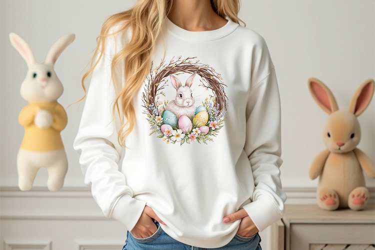 Vibrant Easter Bunny Wreath Sublimation Clipart Sweatshirt Mockup Image.jpg