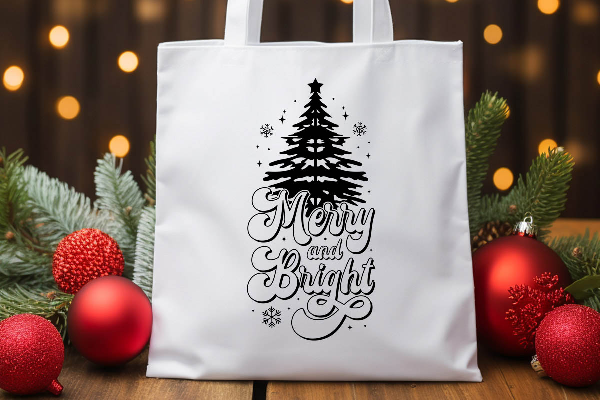 Merry and Bright - Vintage Christmas SVG Tote bag Mockup image.jpg