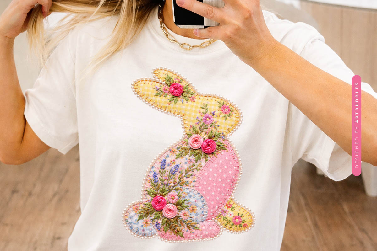 Floral Patchwork Yarn Bunny Easter PNG