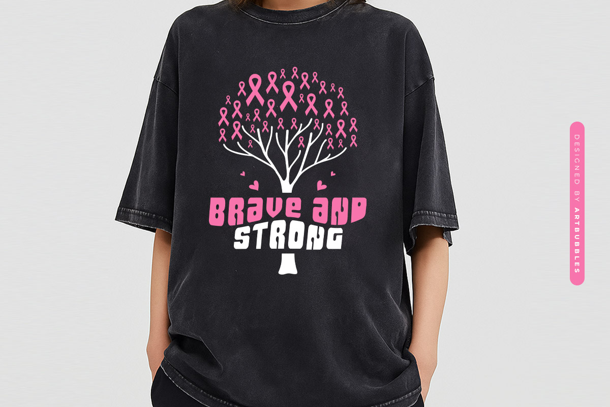 Brave and Strong - Retro Breast Cancer Ribbon SVG Tshirt Mockup Image.jpg