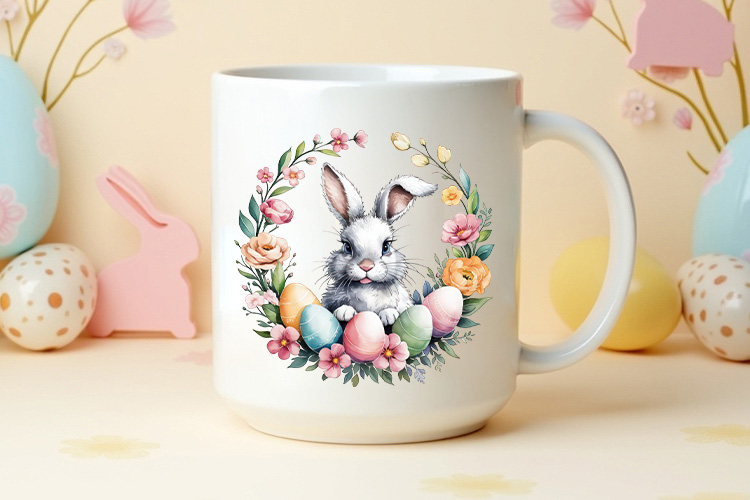 Easter Bunny Eggs and Floral Wreath Clipart Mug Mockup Image.jpg