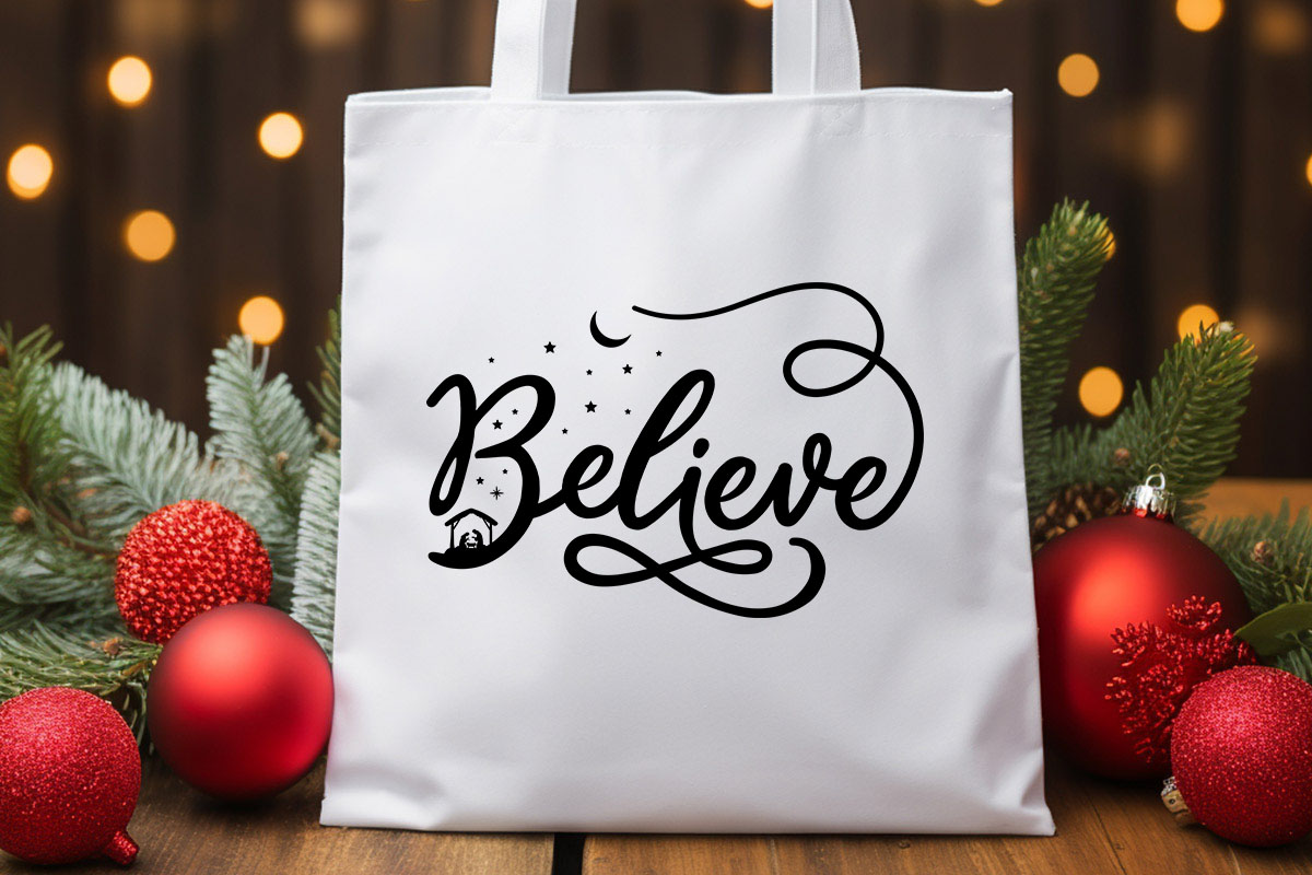 Believe - Christmas SVG Cricut Tote bag Mockup image.jpg