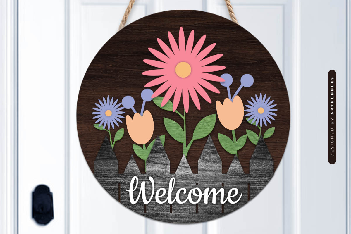 Layered Welcome Floral Door Hanger SVG Image.jpg