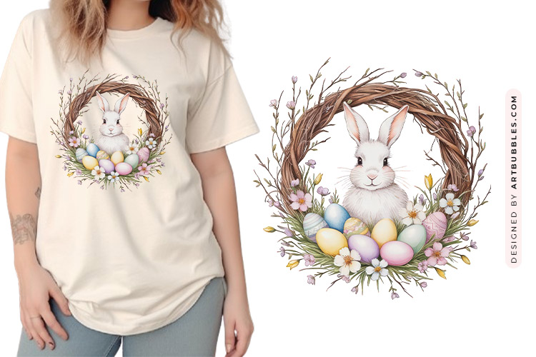Easter Bunny and Eggs Wreath Clipart PNG