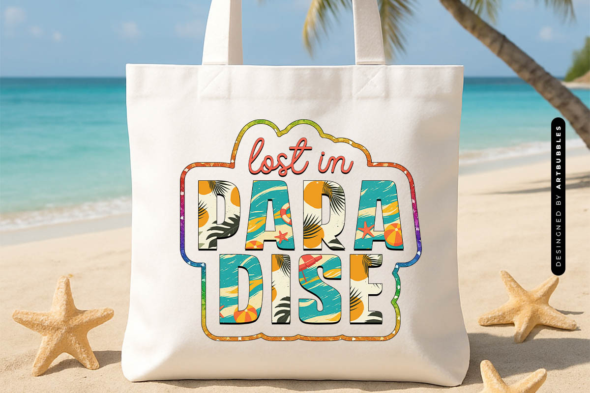 Lost in Paradise - Summer Quote Sublimation Tote Bag Mockup Image.jpg