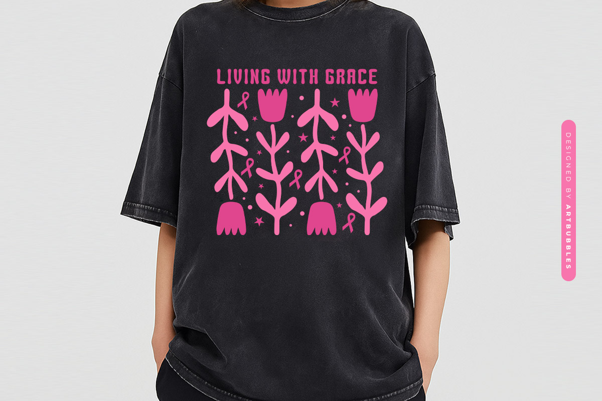 Living with Grace - Retro Breast Cancer SVG PNG T-shirt Mockup Image.jpg