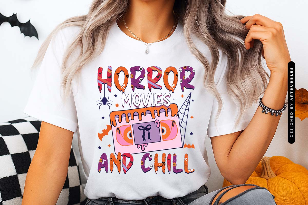Horror Movies and Chill - Halloween Sublimation PNG T-shirt Mockup Image.jpg