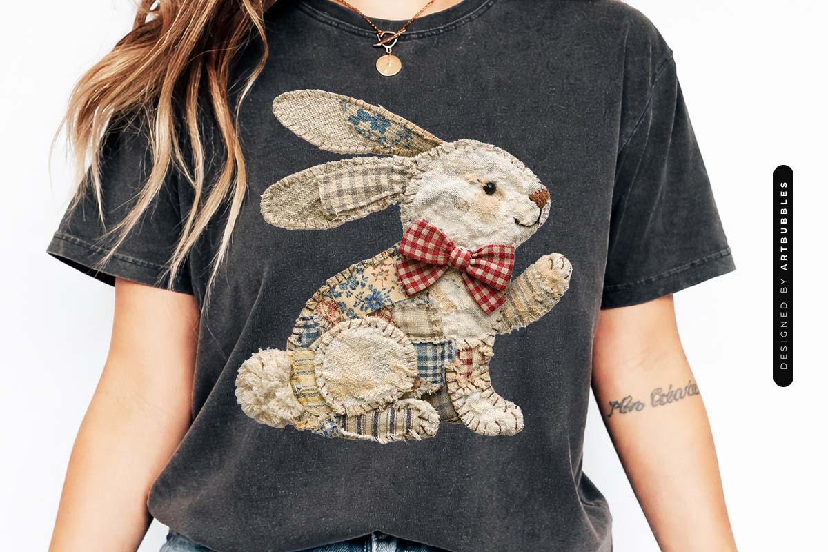 Faux Patchwork Bunny Easter Sublimation PNG Tshirt Mockup Image.jpg