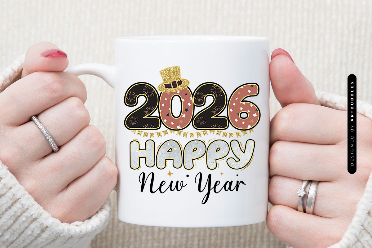 Retro 2026 Happy New Year PNG Sublimation Mug Mockup Image.jpg