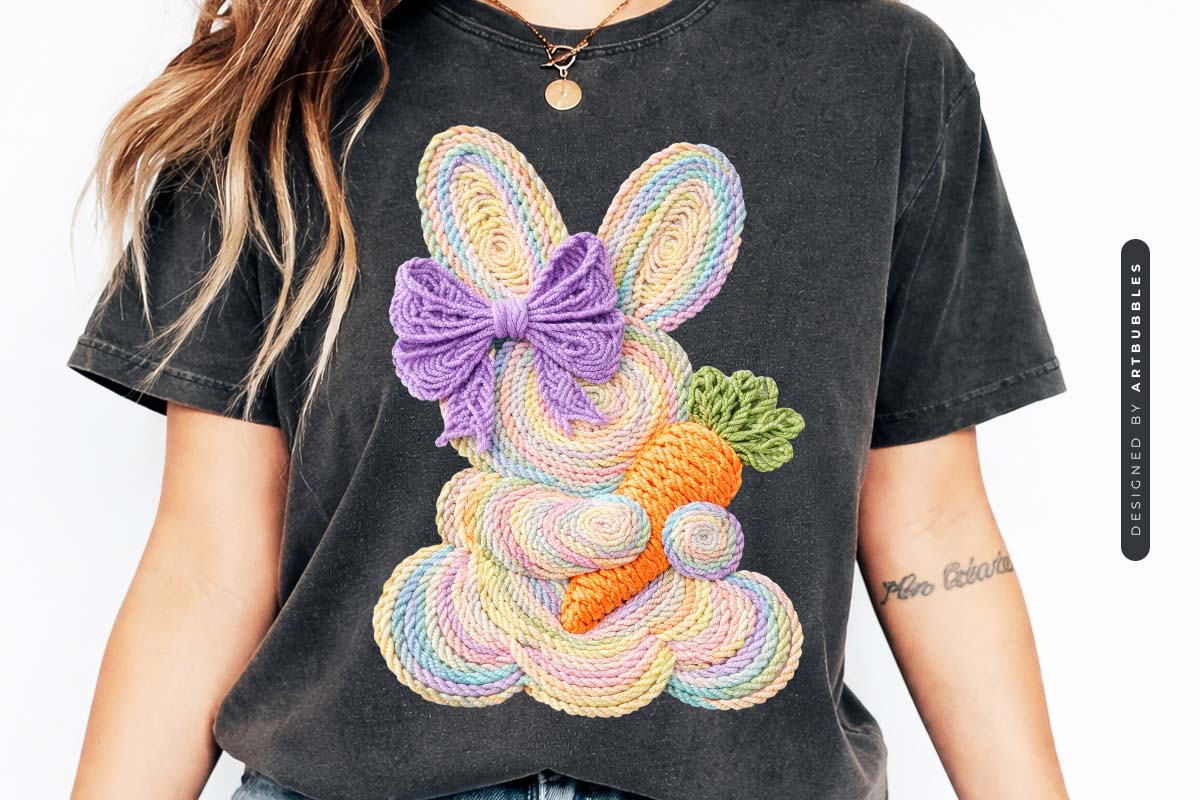 Faux Yarn Crochet Bunny Easter PNG Design Tshirt Mockup Image.jpg
