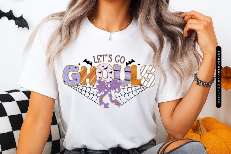 Let's Go Ghouls - Coquette Bow Halloween Sublimation Shirt Mockup Image.jpg