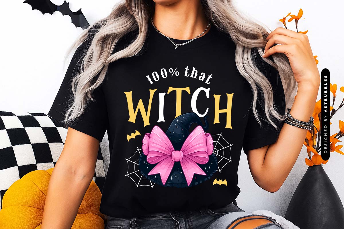 100% That Witch - Coquette Halloween Sublimation T-shirt Mockup Image.jpg