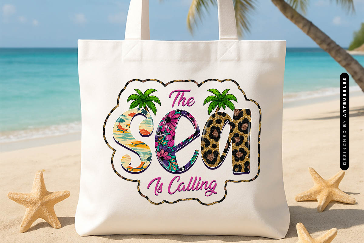 The Sea Is Calling - Summer PNG Sublimation Tote Bag Mockup Image.jpg