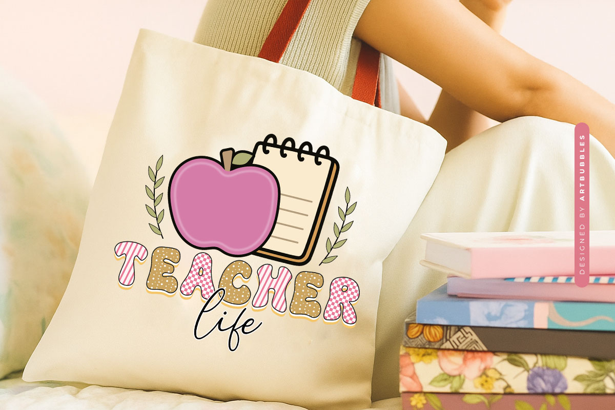 Retro Teacher Life Sublimation Transfer Tote bag Mockup Image.jpg