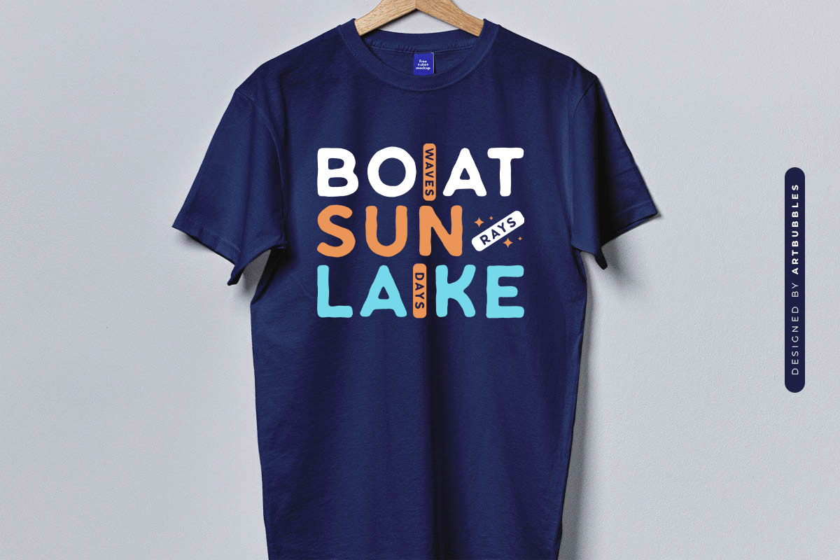 Boat Waves Sun Rays Lake Days SVG Design Blue Shirt Mockup Image.jpg