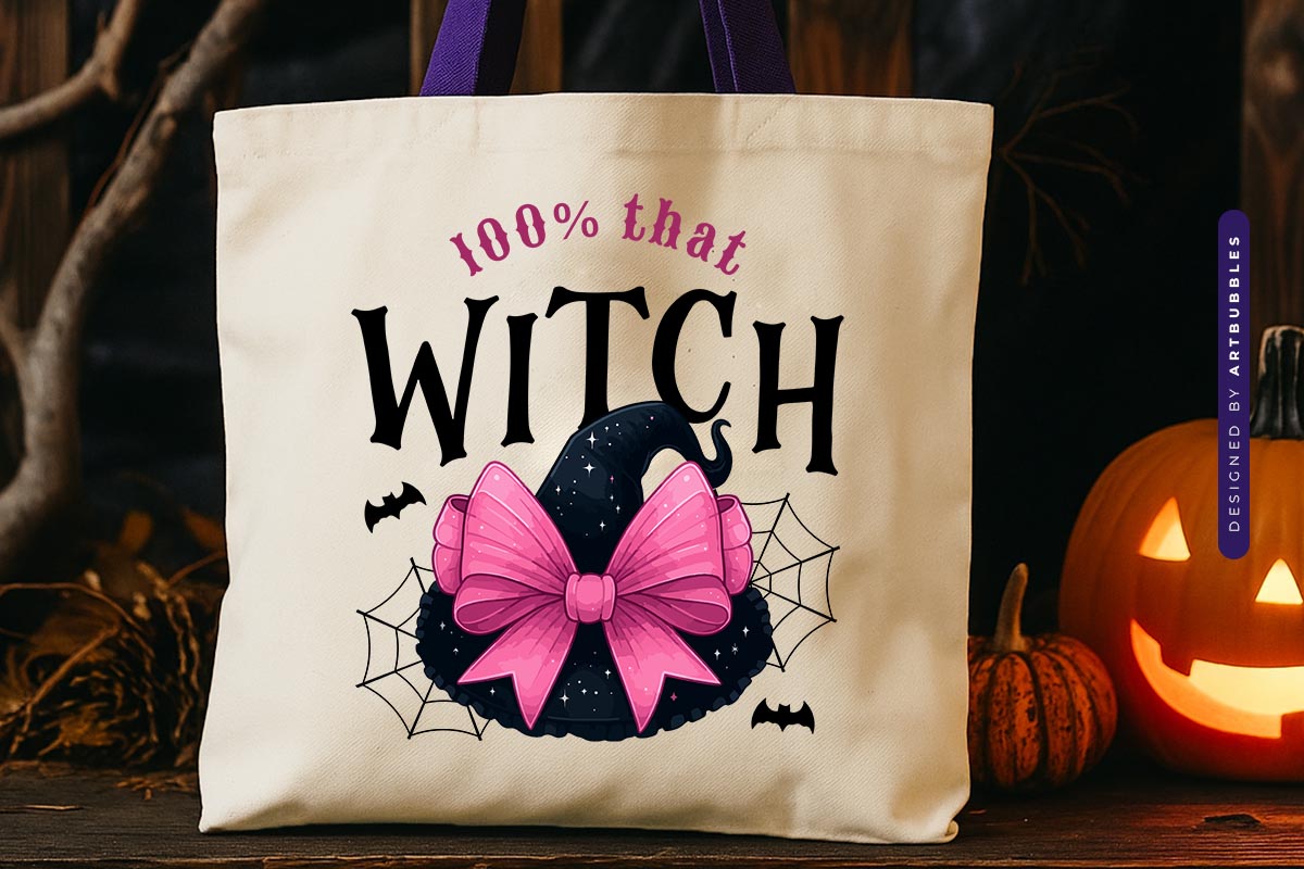 100% That Witch - Coquette Halloween Sublimation Tote bag Mockup Image.jpg