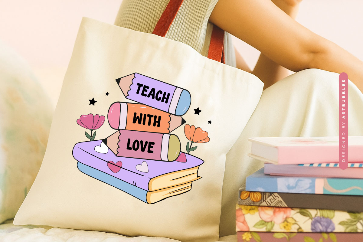 Teach with Love - Retro Teacher Book Sublimation tote Bag Mockup Image.jpg