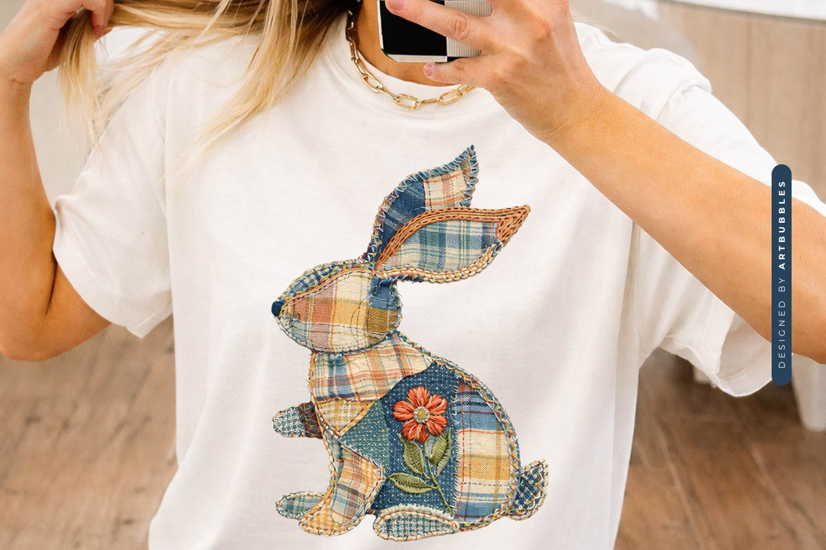 Floral Bunny Faux Patchwork PNG Sublimation tshirt Mockup Image.jpg