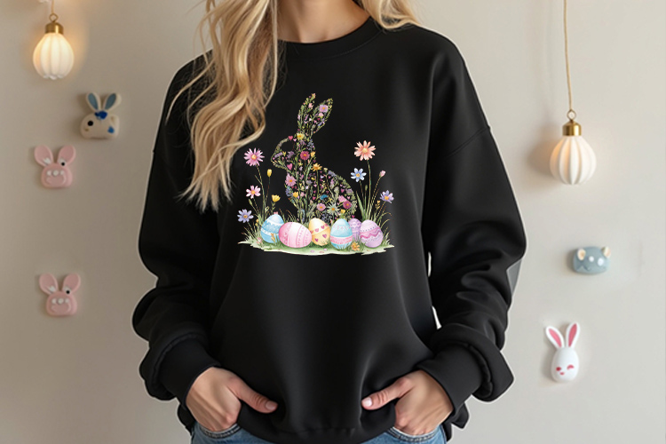 Floral Easter Bunny with Egg PNG Clipart Black Sweatshirt Mockup Image.jpg