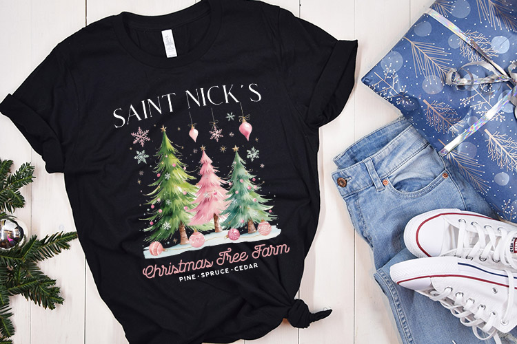 Pink Saint Nick's Christmas Tree Farm PNG Sublimation Shirt Mockup Image.jpg