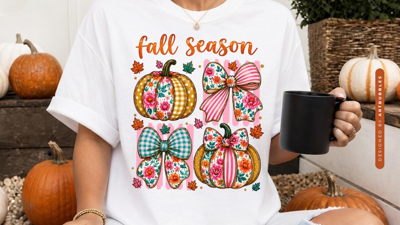 Striped Fall Season Coquette Pumpkin Sublimation PNG Tshirt Mockup Image.jpg