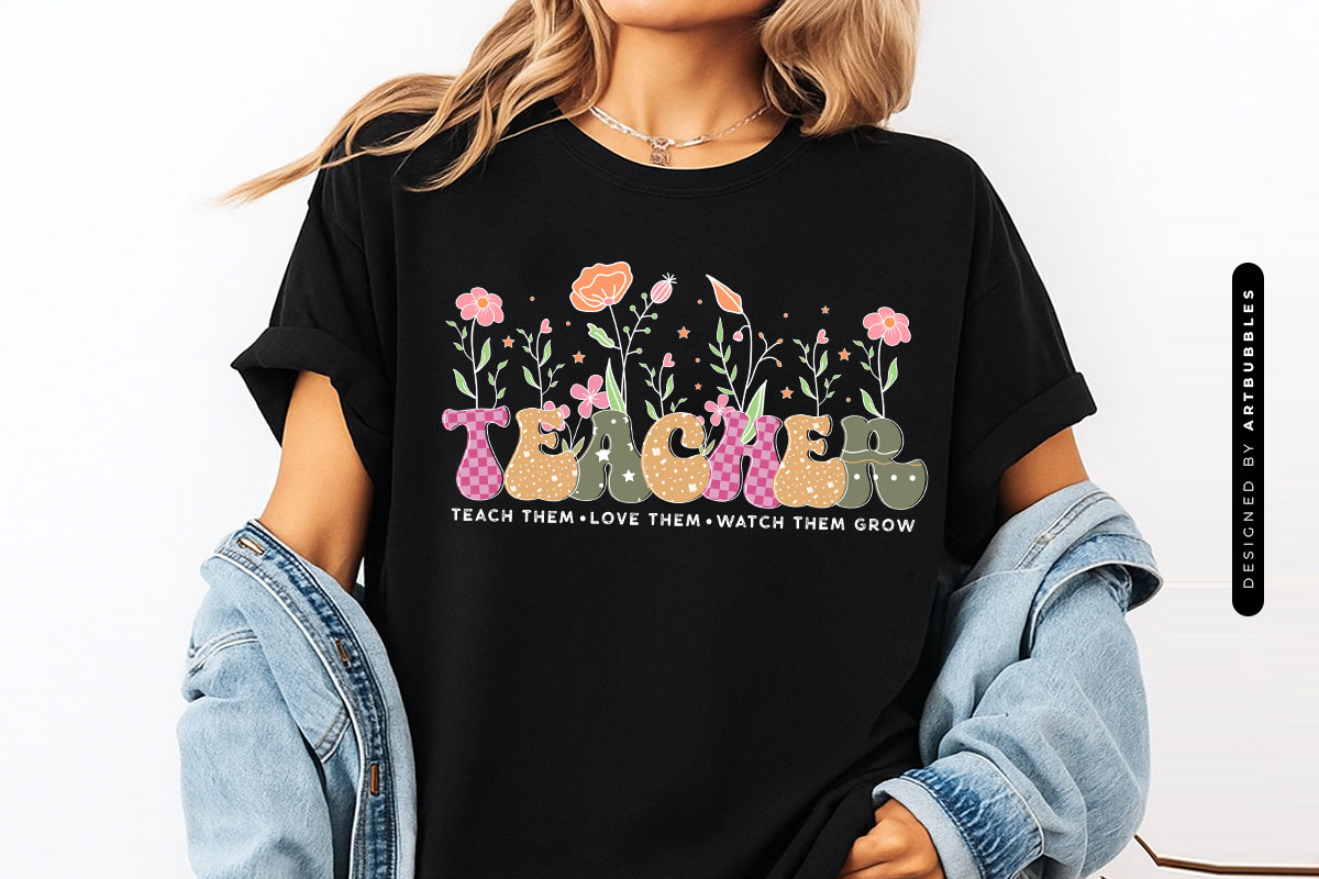 Retro Floral Teacher PNG Sublimation Print T-shirt Mockup Image.jpg