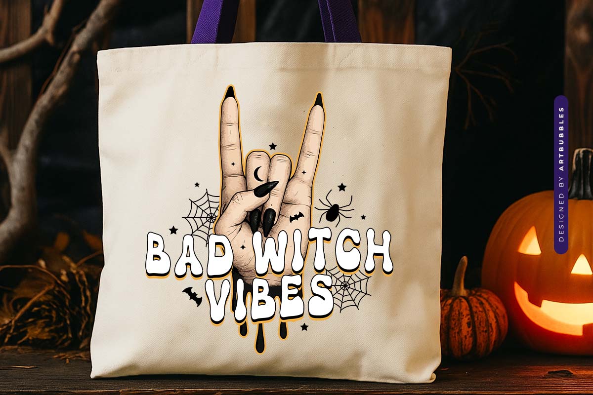 Bad Witch Vibes - Halloween Sublimation Design Tote bag Mockup Image.jpg