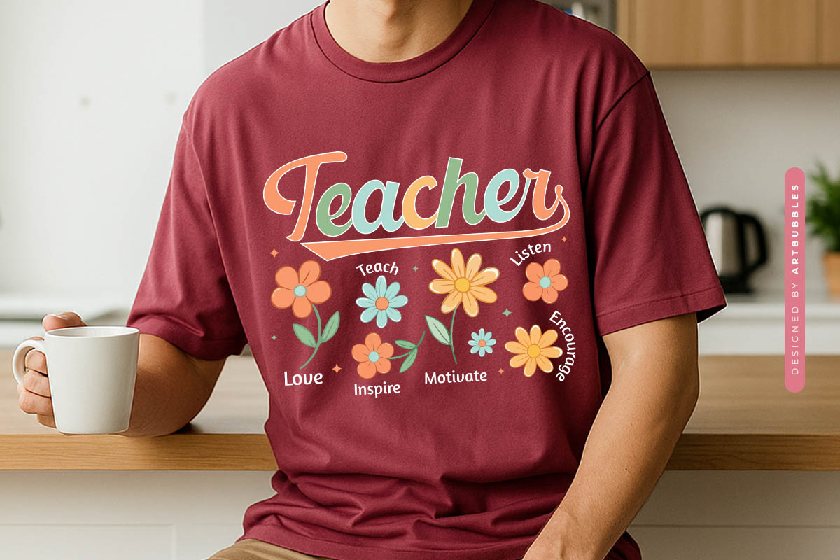 Retro Teacher Flower Sublimation Transfer Tshirt Mockup Image.jpg