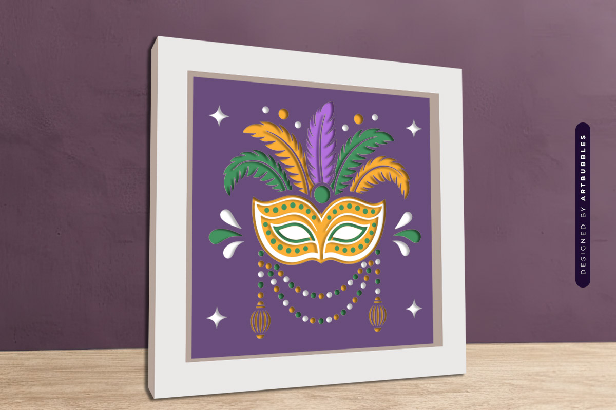 3D Mardi Gras Mask Shadow Box SVG