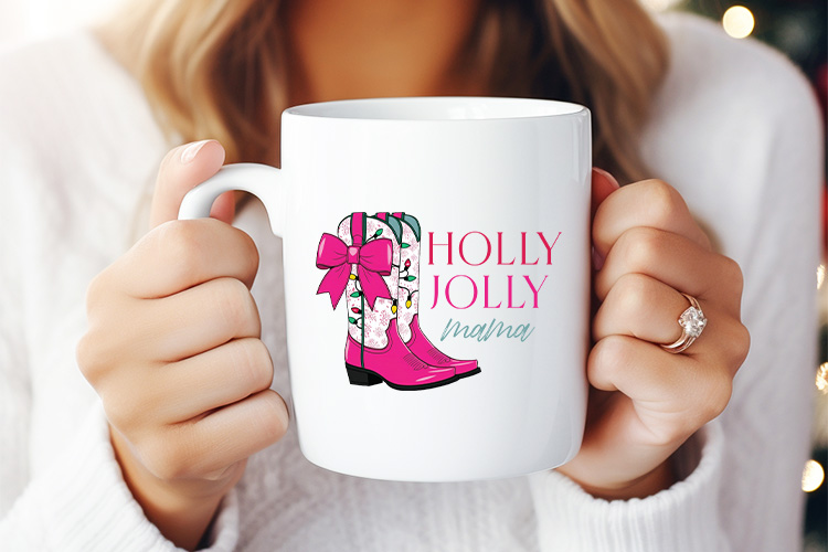 Holly Jolly Mama - Pink Christmas Sublimation PNG Mug Mockup Image.jpg