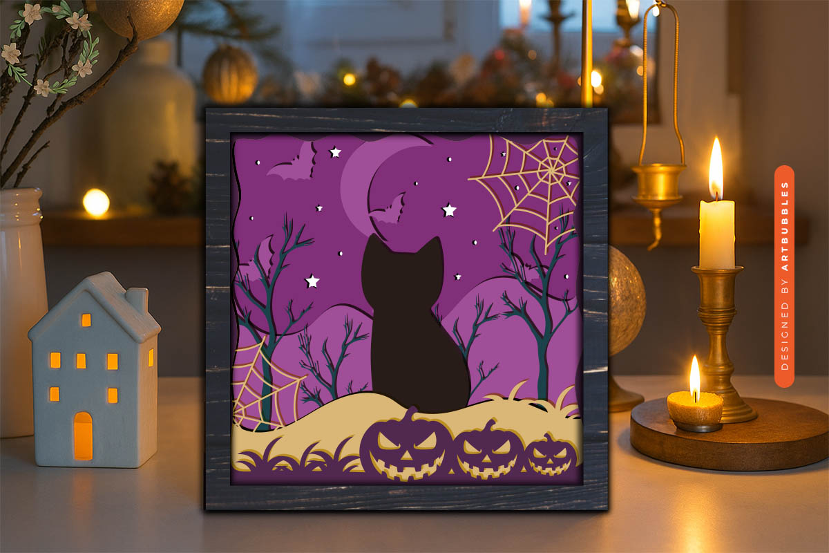 Black Cat Halloween Layered Shadow Box SVG