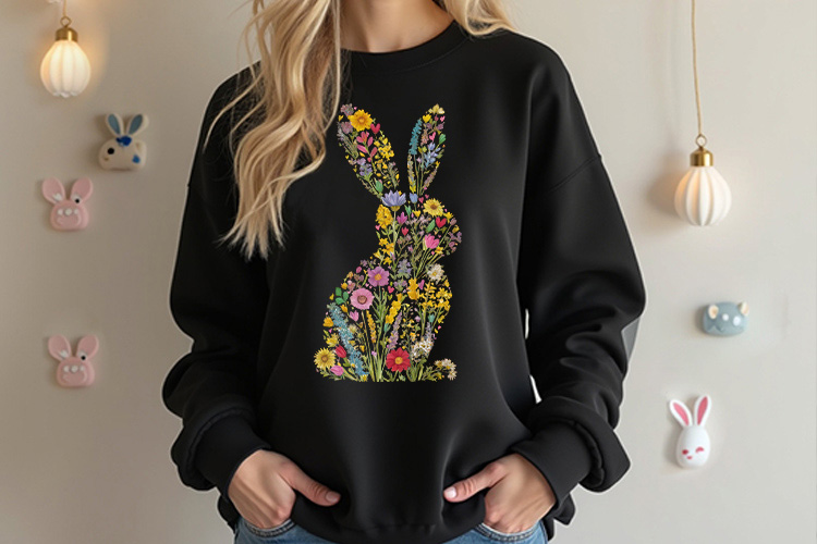 Floral Bunny Easter Clipart Illustration Black Sweatshirt Mockup Image.jpg