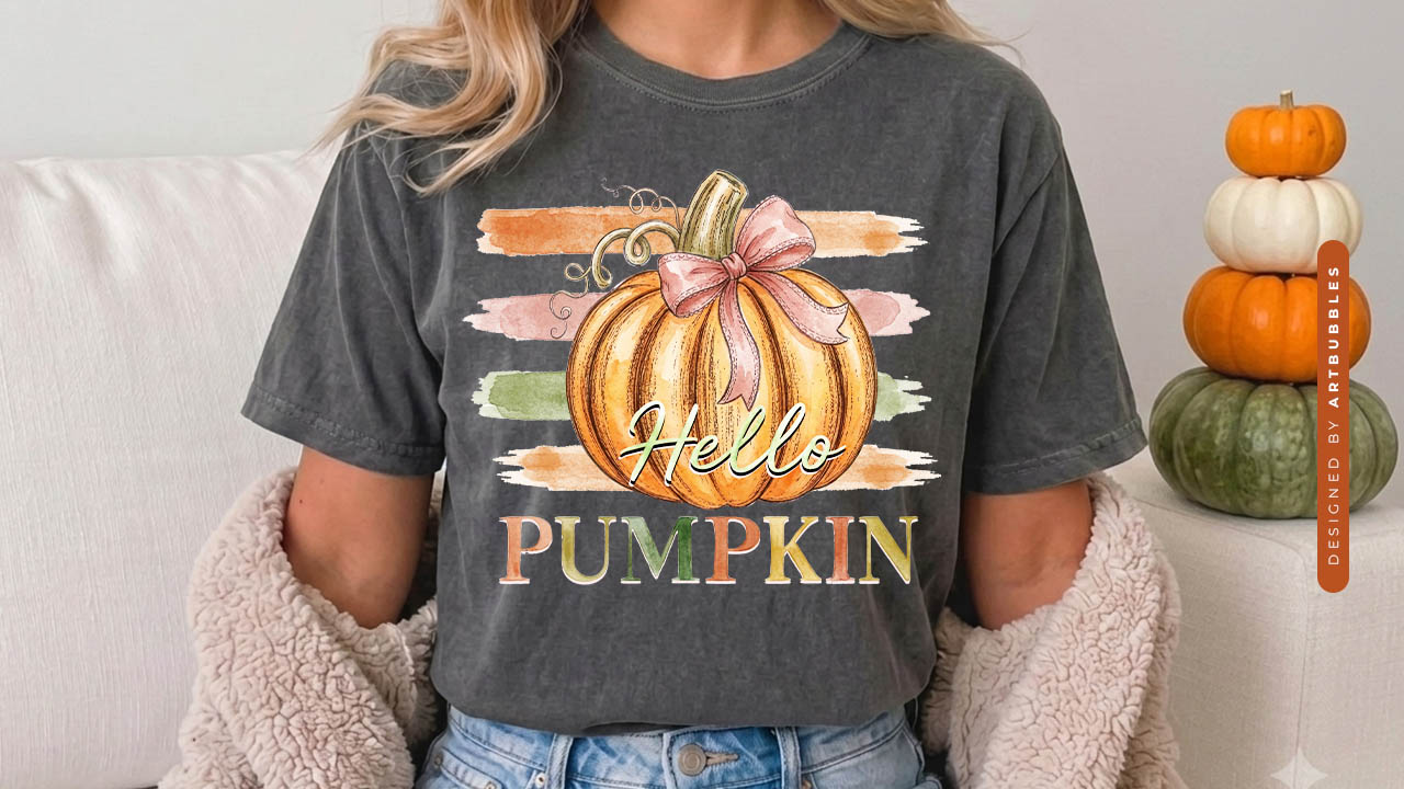 Hello Pumpkin - Stripe Fall Sublimation PNG Shirt Mockup image.jpg