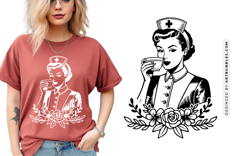 Cute Medical Nurse with a Cup of Coffee & Flower Clipart