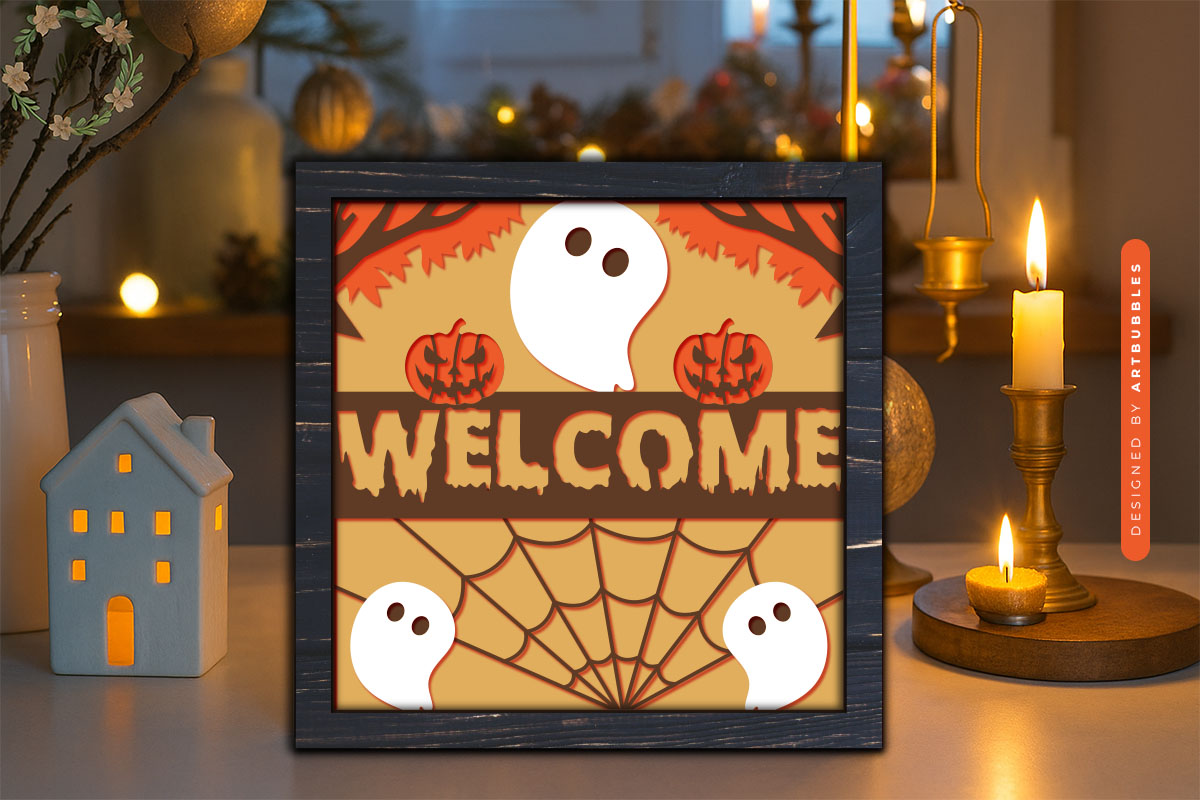 Welcome Halloween Ghost Shadow Box SVG