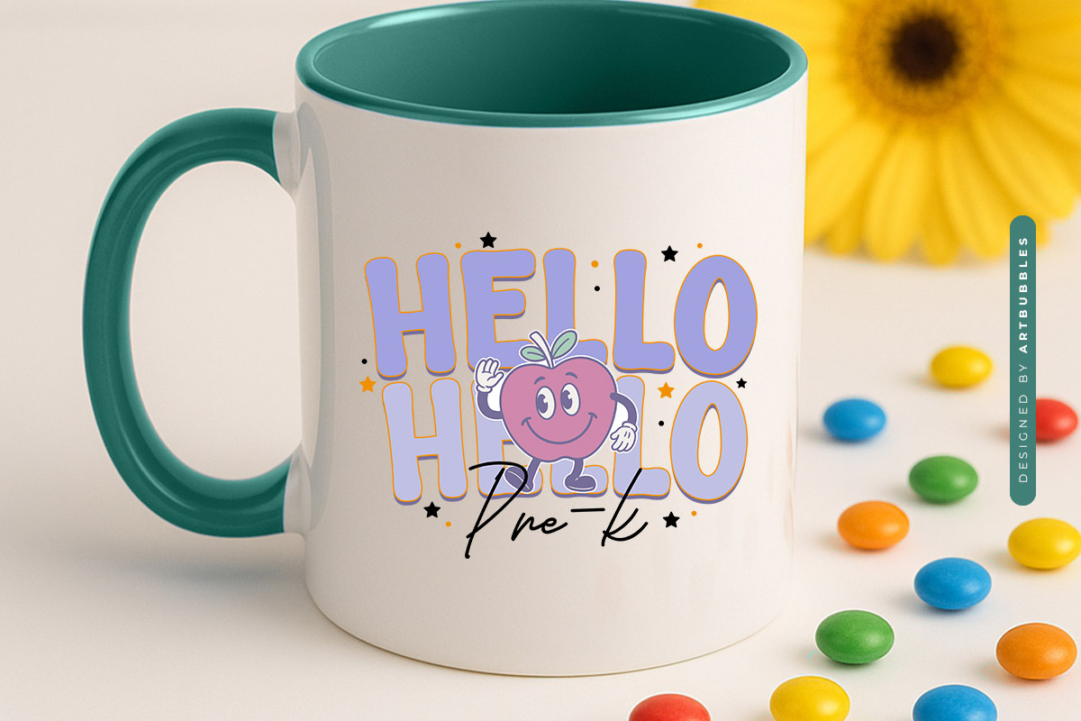 Hello Pre-k - Retro Back to School PNG Sublimation Mug Mockup Image.jpg