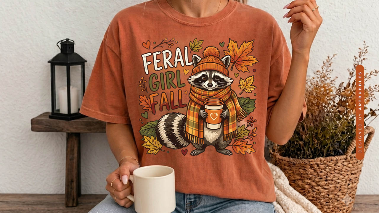 Striped Feral Girl Fall Sublimation PNG T-shirt Mockup Image.jpg
