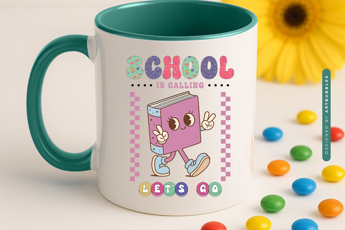 School is Calling Let's Go - Retro Back to School PNG Mug Mockup Image.jpg