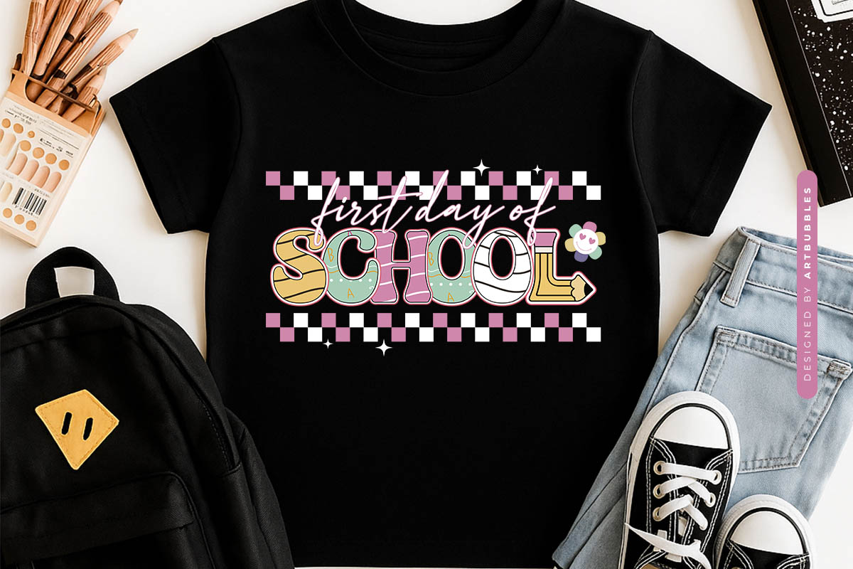First Day of School - Retro Back to School Sublimation Tshirt Mockup Image.jpg