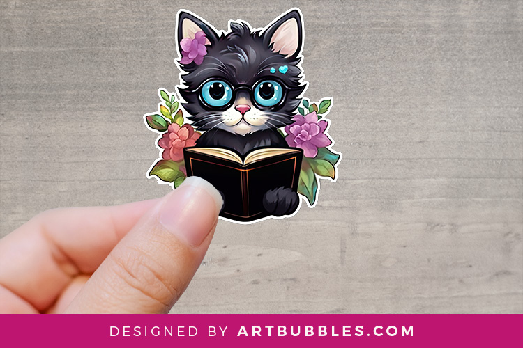 Cute Black Cat Reading Books Stickers Preview 01.jpg