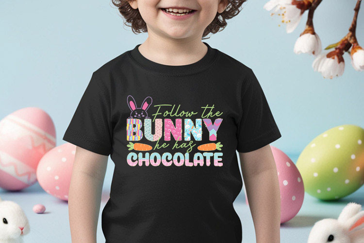 Follow the Bunny He has Chocolate - Easter Sublimation Tshirt Mockup Image.jpg