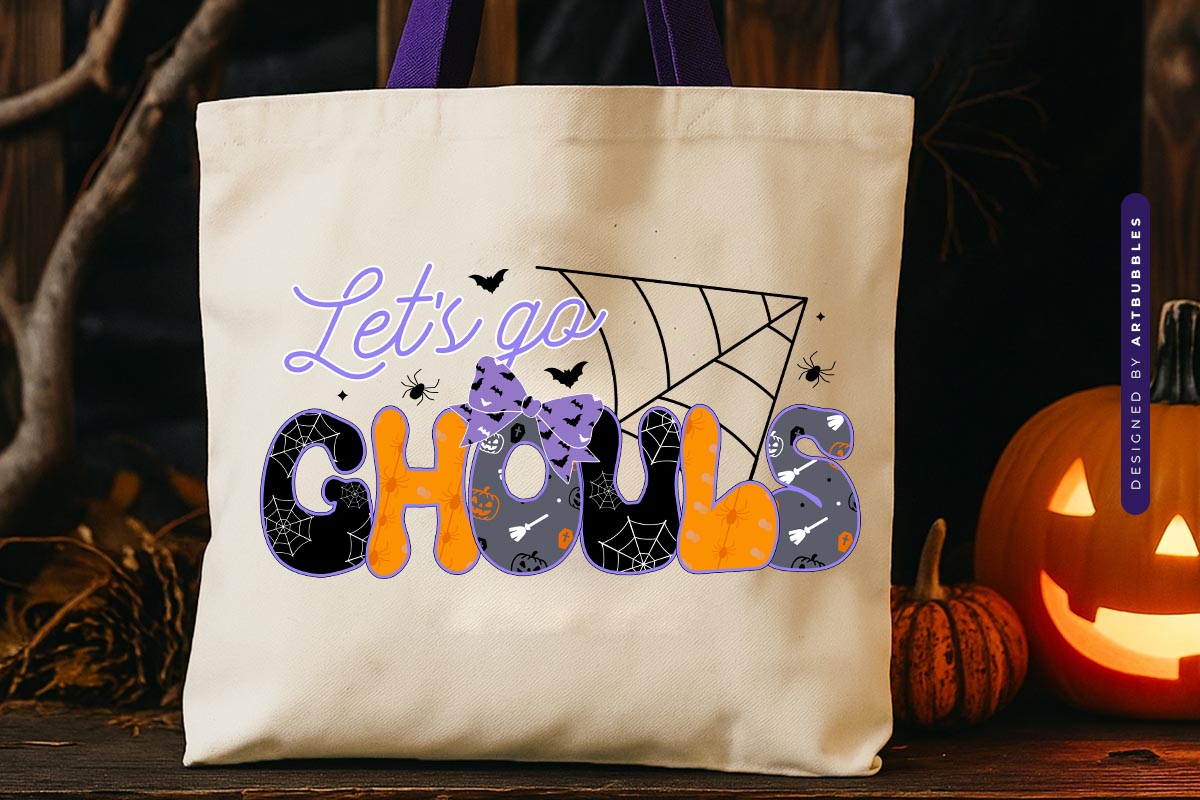 Let's Go Ghouls - Coquette Retro Halloween Sublimation Tote Bag Mockup Image.jpg