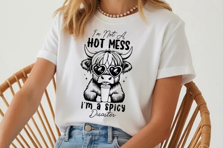 I'm not a Hot Mess I'm a Spicy Disaster - Shaggy Cow SVG Shirt Mockup Image.jpg