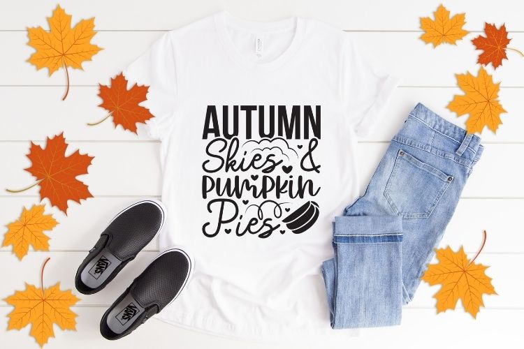 Autumn Skies & Pumpkin Pies - Fall SVG Design Shirt Mockup Image.jpg