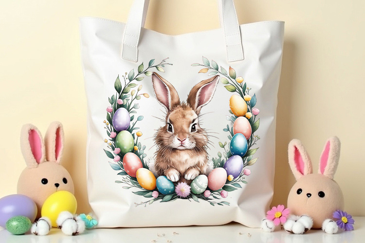 Easter Bunny Egg and Floral Wreath Clip Art Tote Bag Mockup Image.jpg