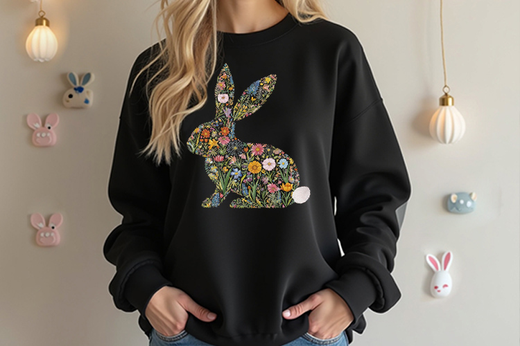Happy Easter Floral Bunny PNG Clipart Black Sweatshirt Mockup Image.jpg