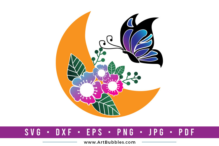 Floral Moon with Butterfly | Butterfly SVG | Monarch Butterfly SVG