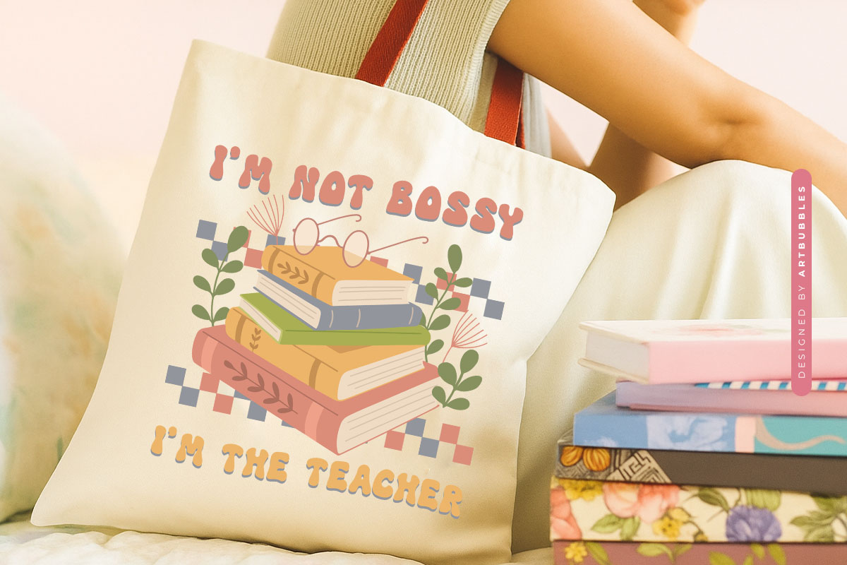 Retro I'm not Bossy I'm the Teacher Book Sublimation Tote bag Mockup Image.jpg